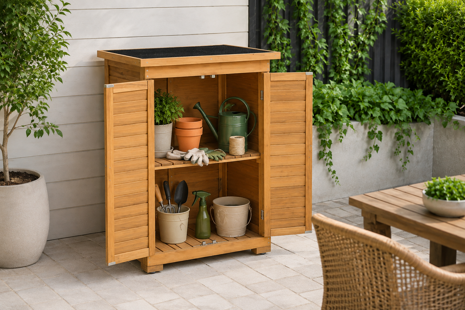 A wooden outdoor storage cabinet with two slatted doors open, showing gardening tools and pots inside. The cabinet stands on a patio with potted plants, a table, and a chair nearby.