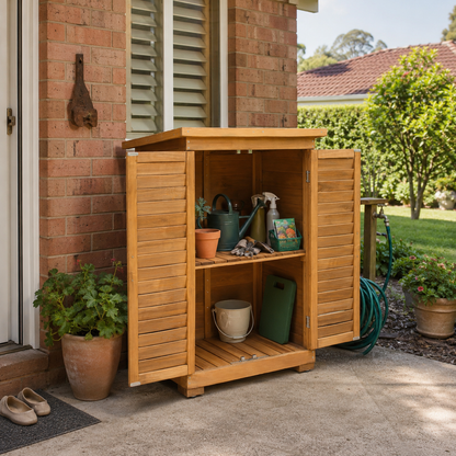 Wooden outdoor storage cabinet with gardening supplies on a patio