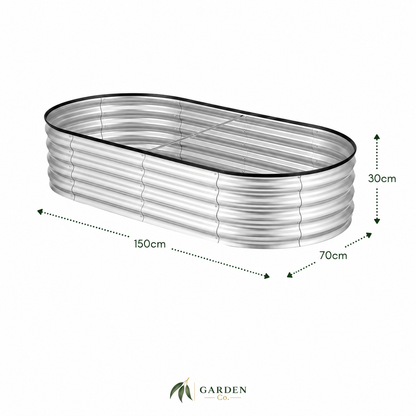 An oval corrugated metal raised garden bed shown on a white background with dimension arrows and labels indicating 150 cm length, 70 cm width, and 30 cm height. A Garden One Go logo appears at the bottom.