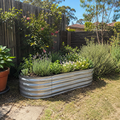 A galvanized steel corrugated planter box filled with green herbs and small white flowers, situated in a backyard garden next to a wooden fence and grass.