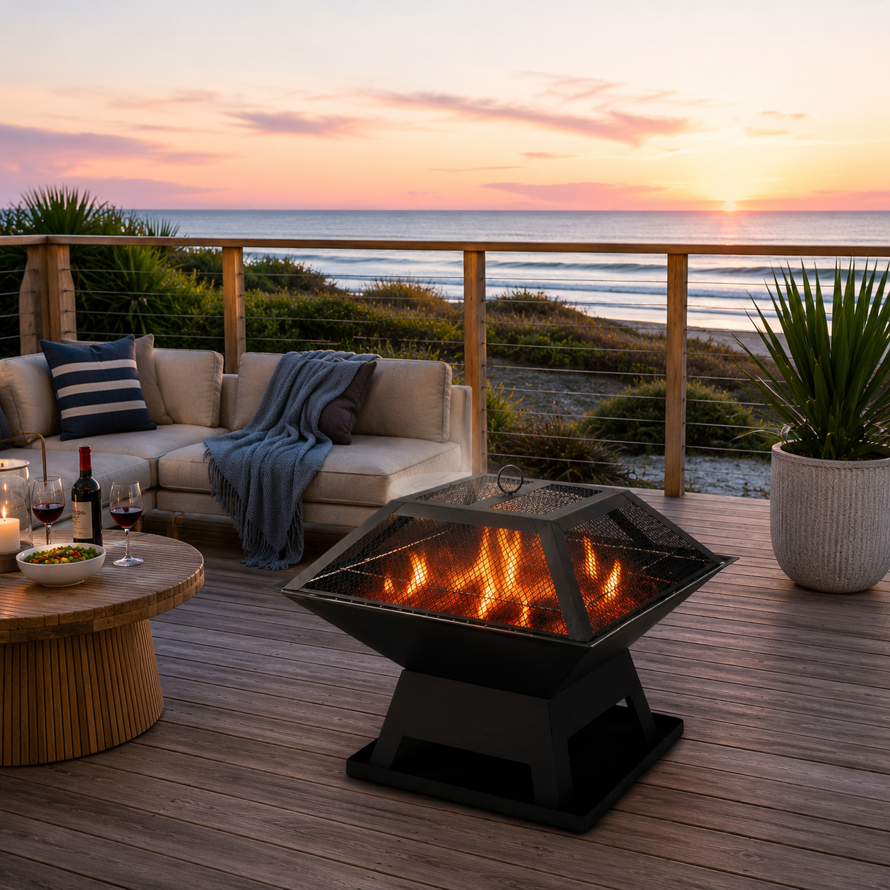 Portable 2-in-1 Fire Pit on outdoor deck with sofa and ocean view during sunset.