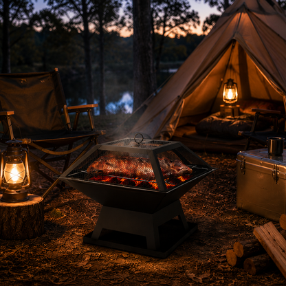 Portable 2-in-1 Fire Pit in a camping scene with lanterns, and a tent in a forest at dusk.