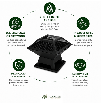 Portable 2-in-1 fire pit with features highlighted on a white background