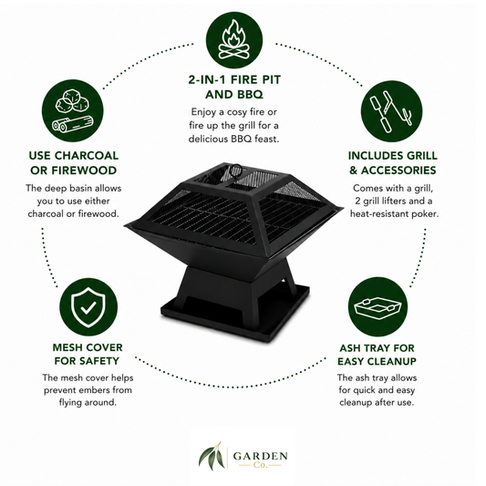Portable 2-in-1 fire pit with features highlighted on a white background