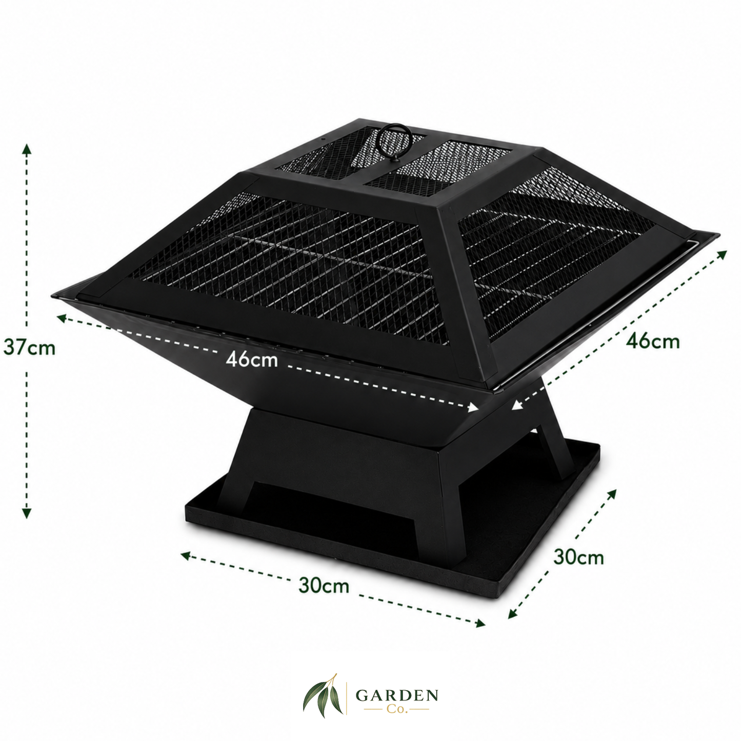 Portable 2-in-1 fire pit with dimensions on a white background