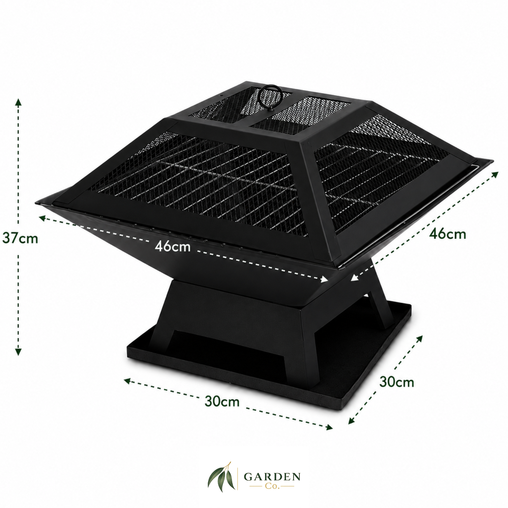 Portable 2-in-1 fire pit with dimensions on a white background