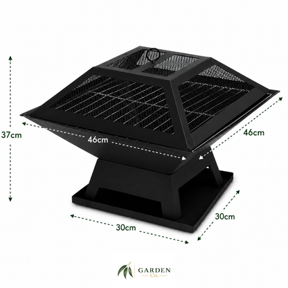 Portable 2-in-1 fire pit with dimensions on a white background