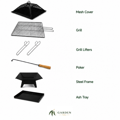 Portable 2-in-1 fire pit with mesh cover, grill, grill lifters, poker, steel frame, and ash tray on a white background.