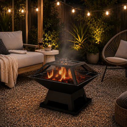 Portable 2-in-1 Fire Pit on outdoor patio with seating area, and string lights at night.