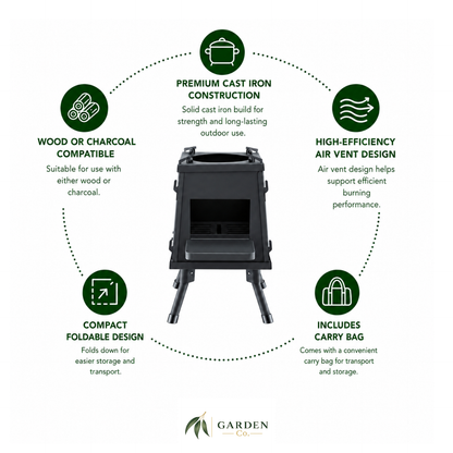 Portable cast iron camping stove with features listed around it on a white background
