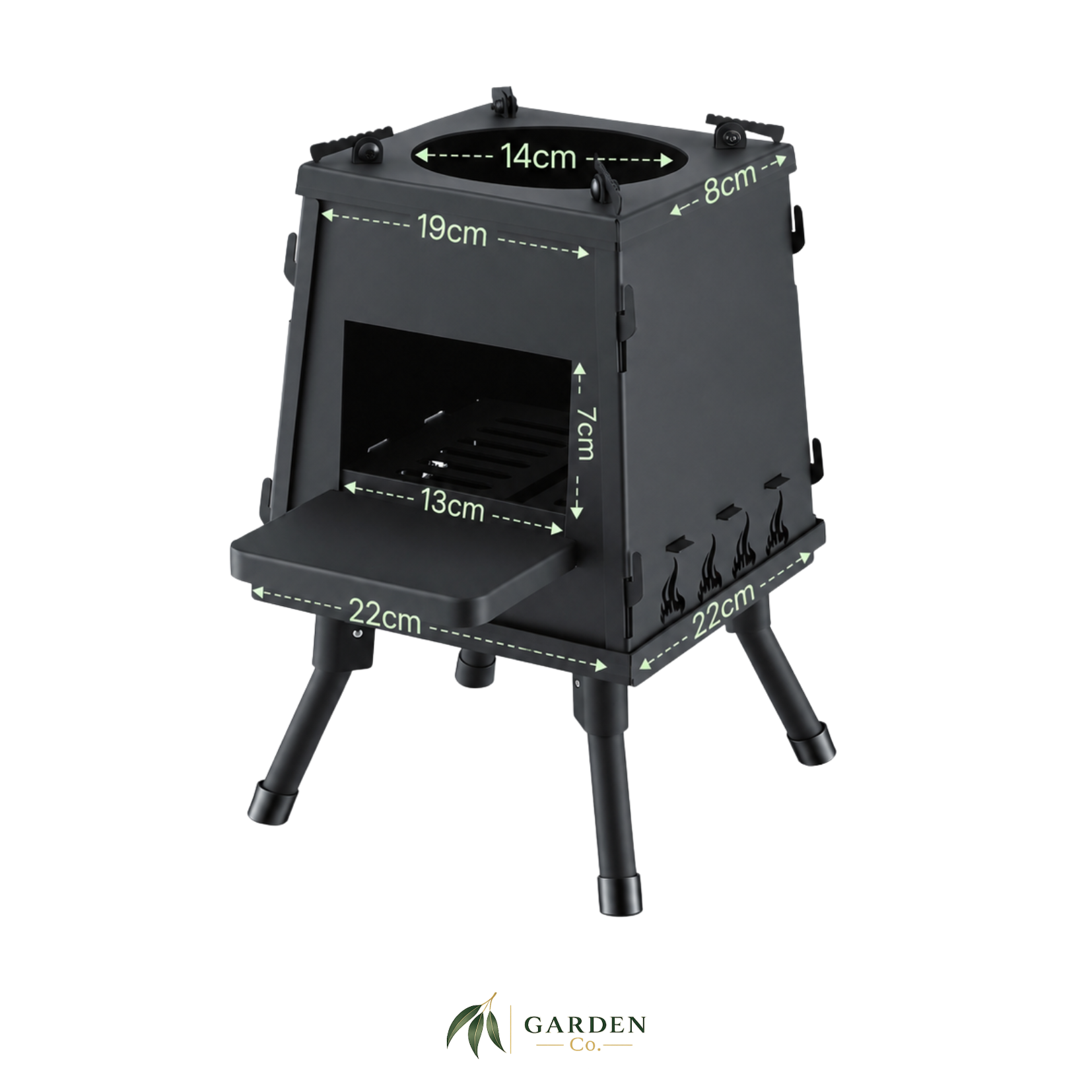 Portable Cast Iron Camping Stove with dimensions labeled on a white background, featuring the Garden Co. logo.