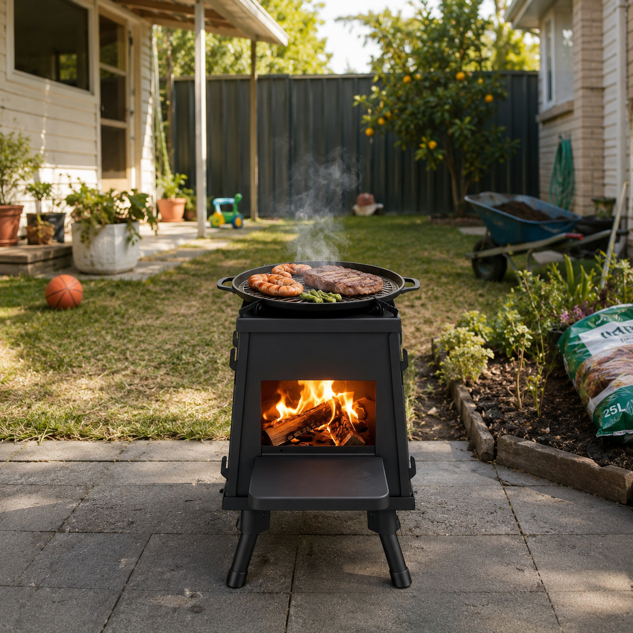 Portable Cast Iron Camping Stove on a patio with a garden and house in the background