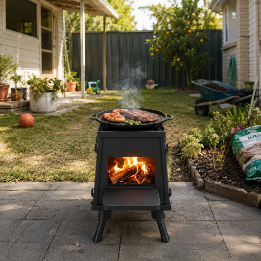 Portable Cast Iron Camping Stove on a patio with a garden and house in the background