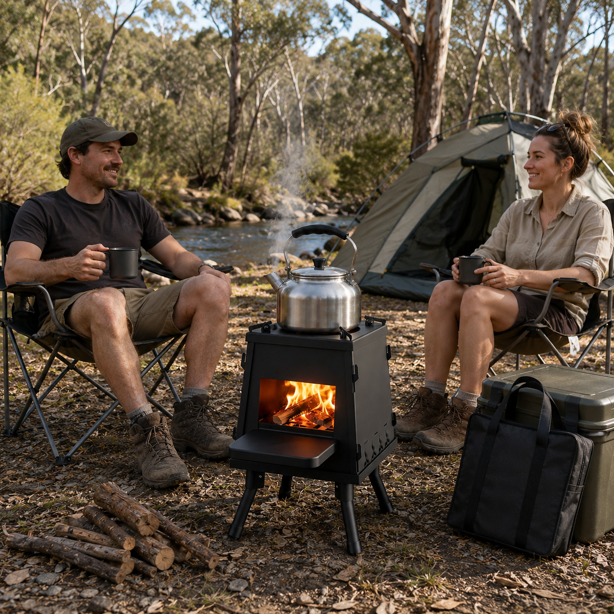 Portable Cast Iron Camping Stove with a kettle boiling on it with two people sitting in a forest setting.
