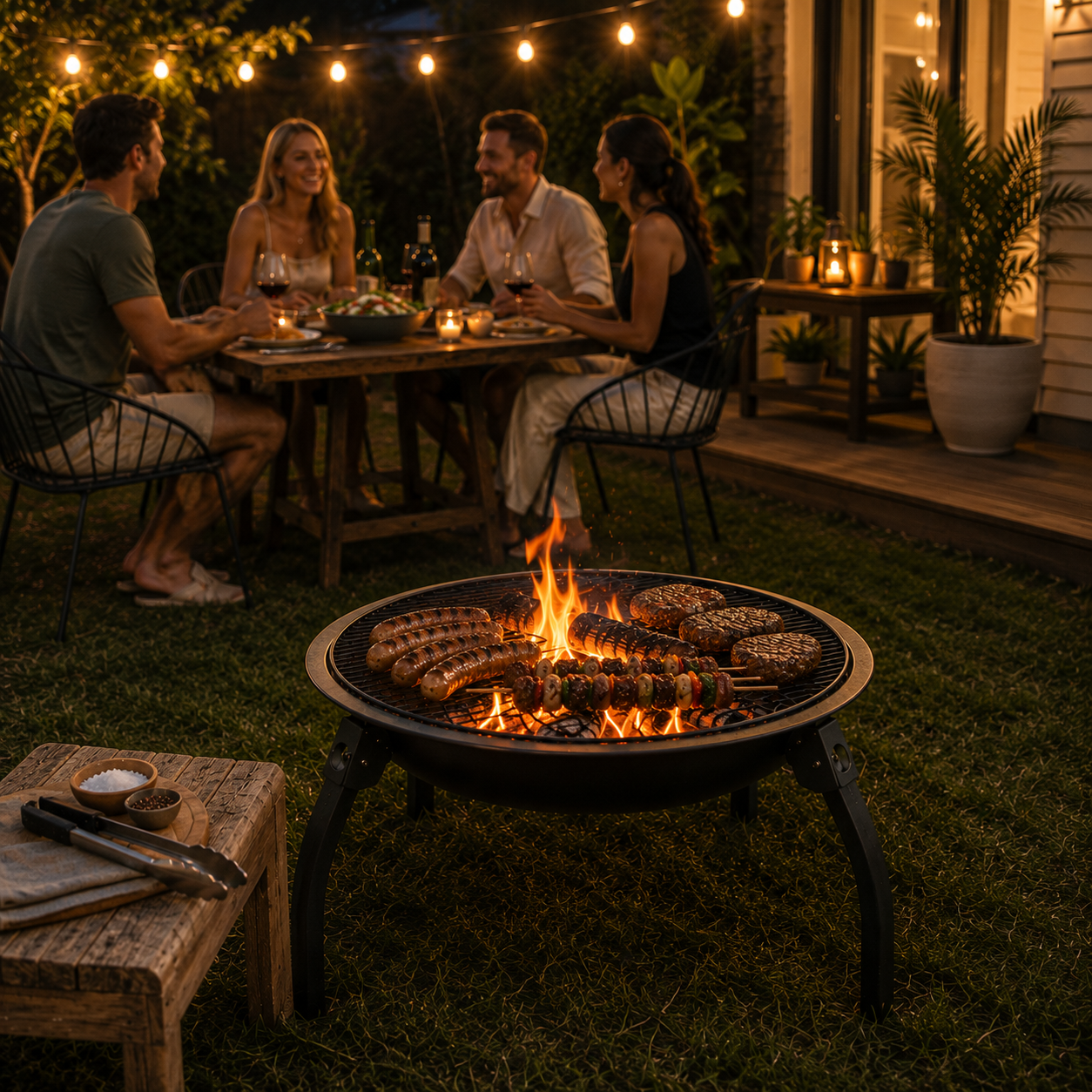 Portable Steel Fire Pit 65cm with people sitting around fire pit on a patio at night