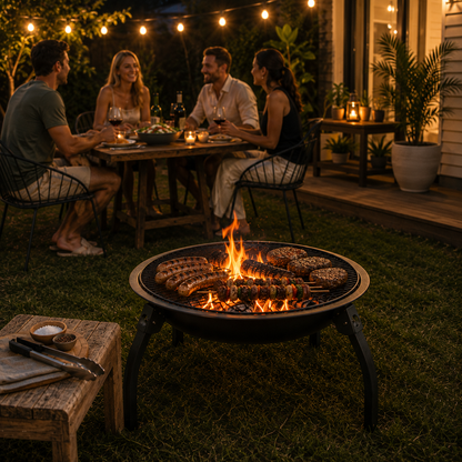 Portable Steel Fire Pit 65cm with people sitting around fire pit on a patio at night