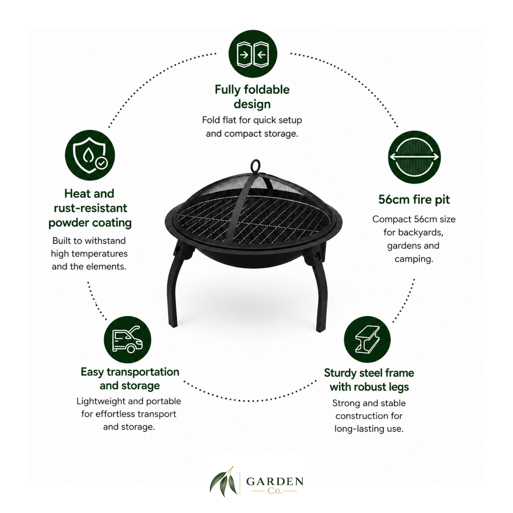 Portable steel fire pit 65cm with features listed on a white background