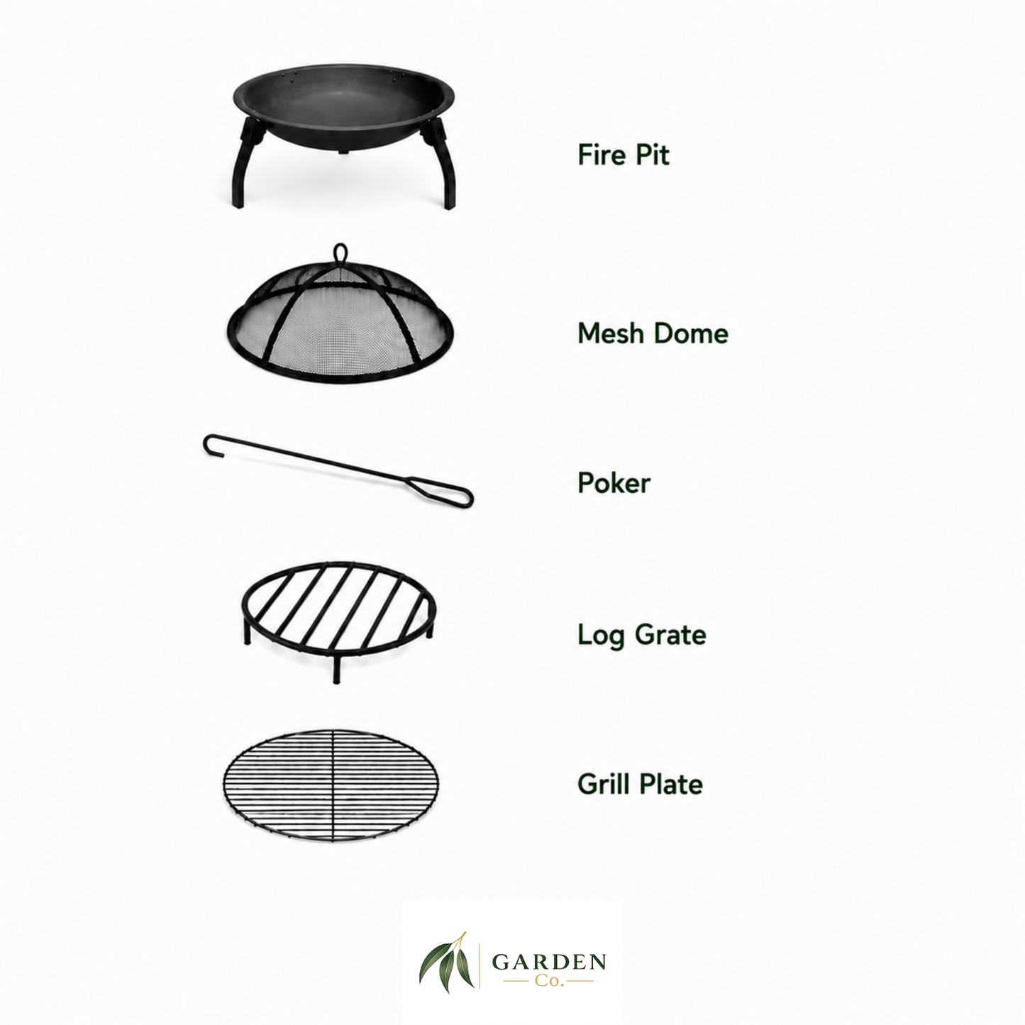 Portable steel fire pi 65cm including a fire pit, mesh dome, poker, log grate, and grill plate on a white background.