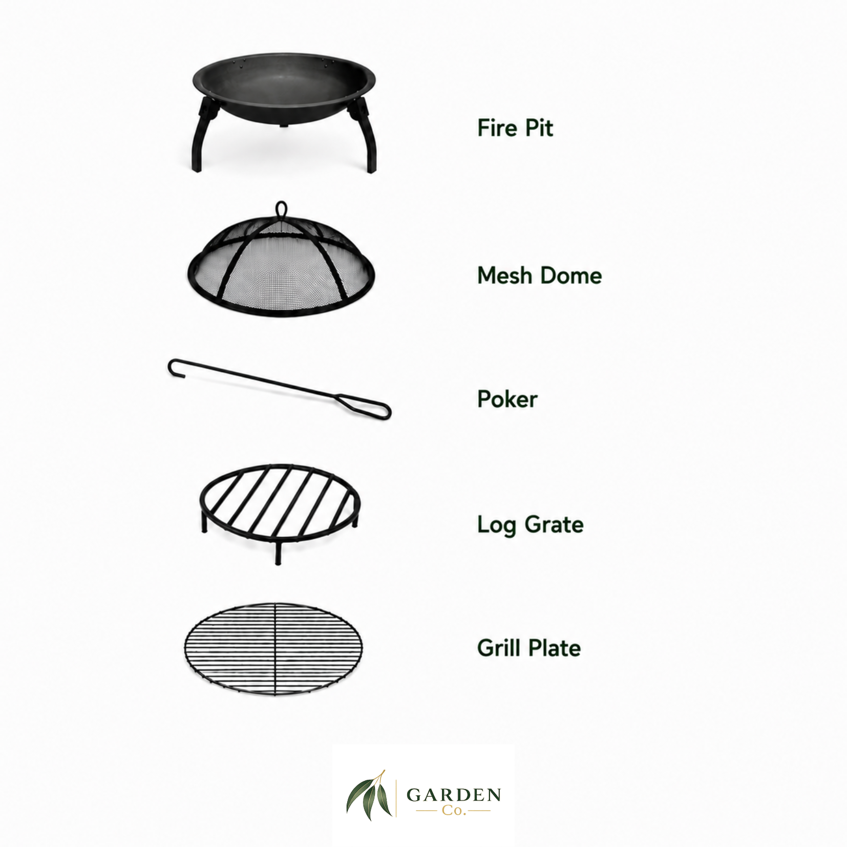 Portable steel fire pi 65cm including a fire pit, mesh dome, poker, log grate, and grill plate on a white background.