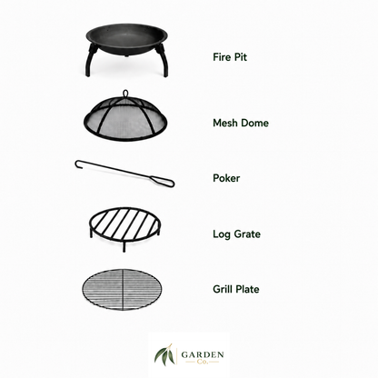 Portable steel fire pi 65cm including a fire pit, mesh dome, poker, log grate, and grill plate on a white background.