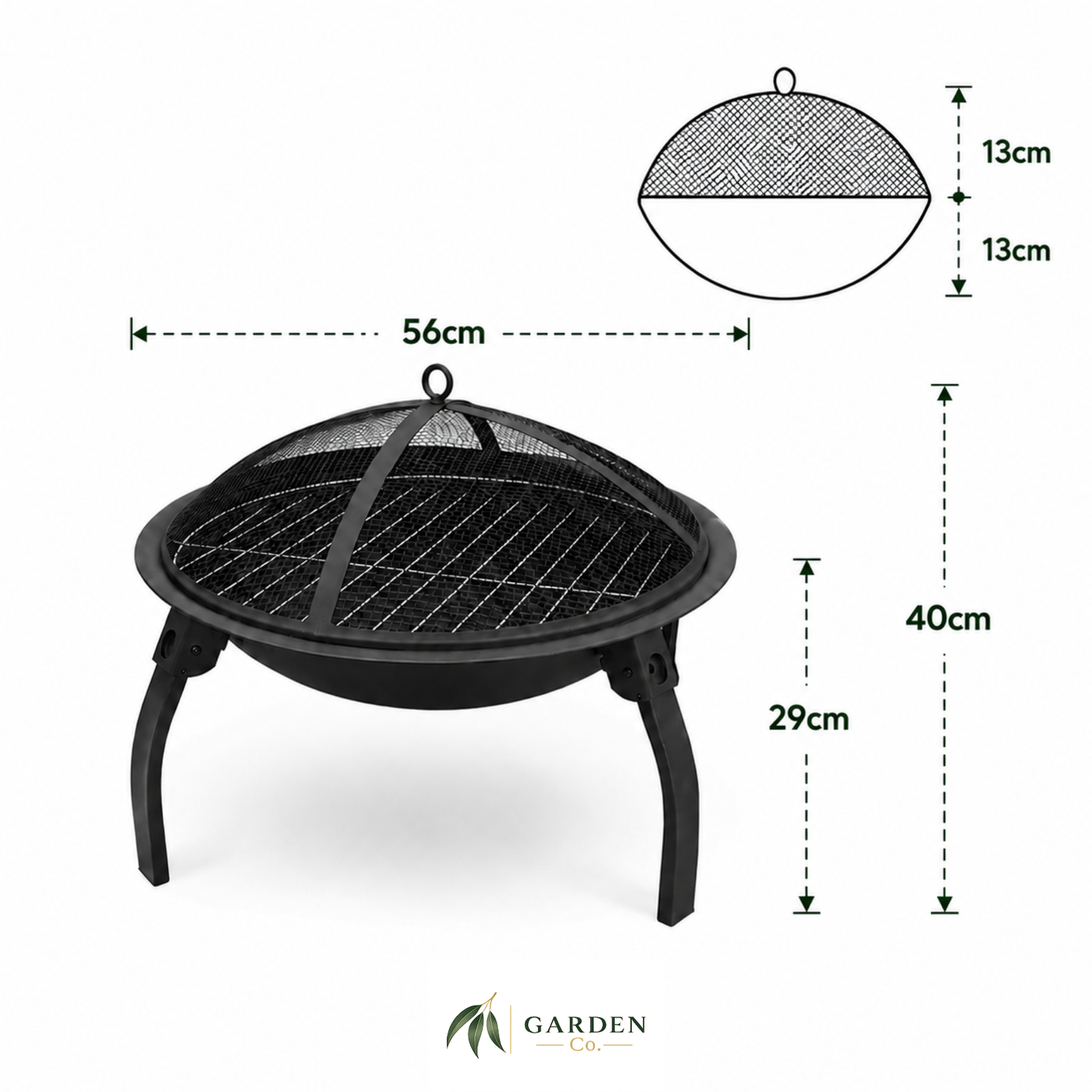 Portable steel fire pit 65cm with dimensions on a white background