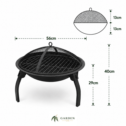 Portable steel fire pit 65cm with dimensions on a white background