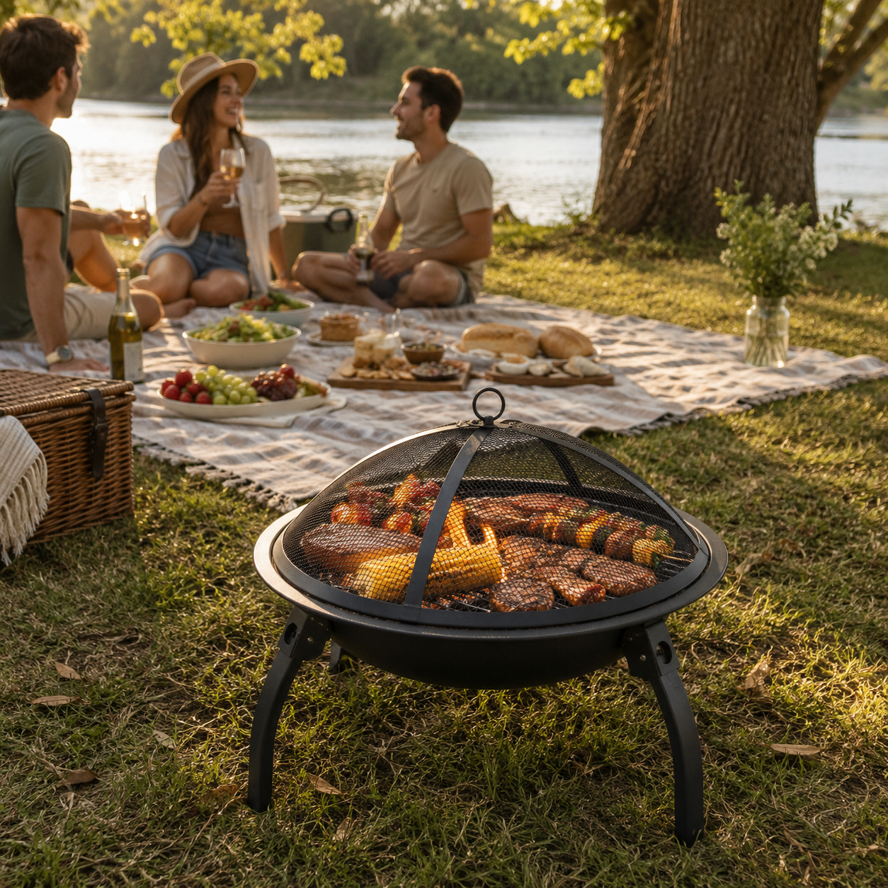 Portable Steel Fire Pit 65cm with people enjoying a picnic by a lake with fire pit in foreground