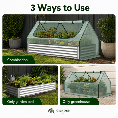 A collage showing three ways to use a portable fabric garden greenhouse: combined with a raised garden bed, alone over the garden bed, and alone as a standalone greenhouse. The image includes the text '3 Ways to Use' and 'GARDEN GO' branding at the bottom.