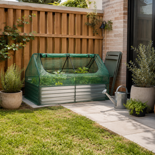A small green mesh raised garden bed with a hinged lid, shown outdoors in a backyard next to a brick wall, wooden fence, potted plants, a folding chair, and a metal watering can.