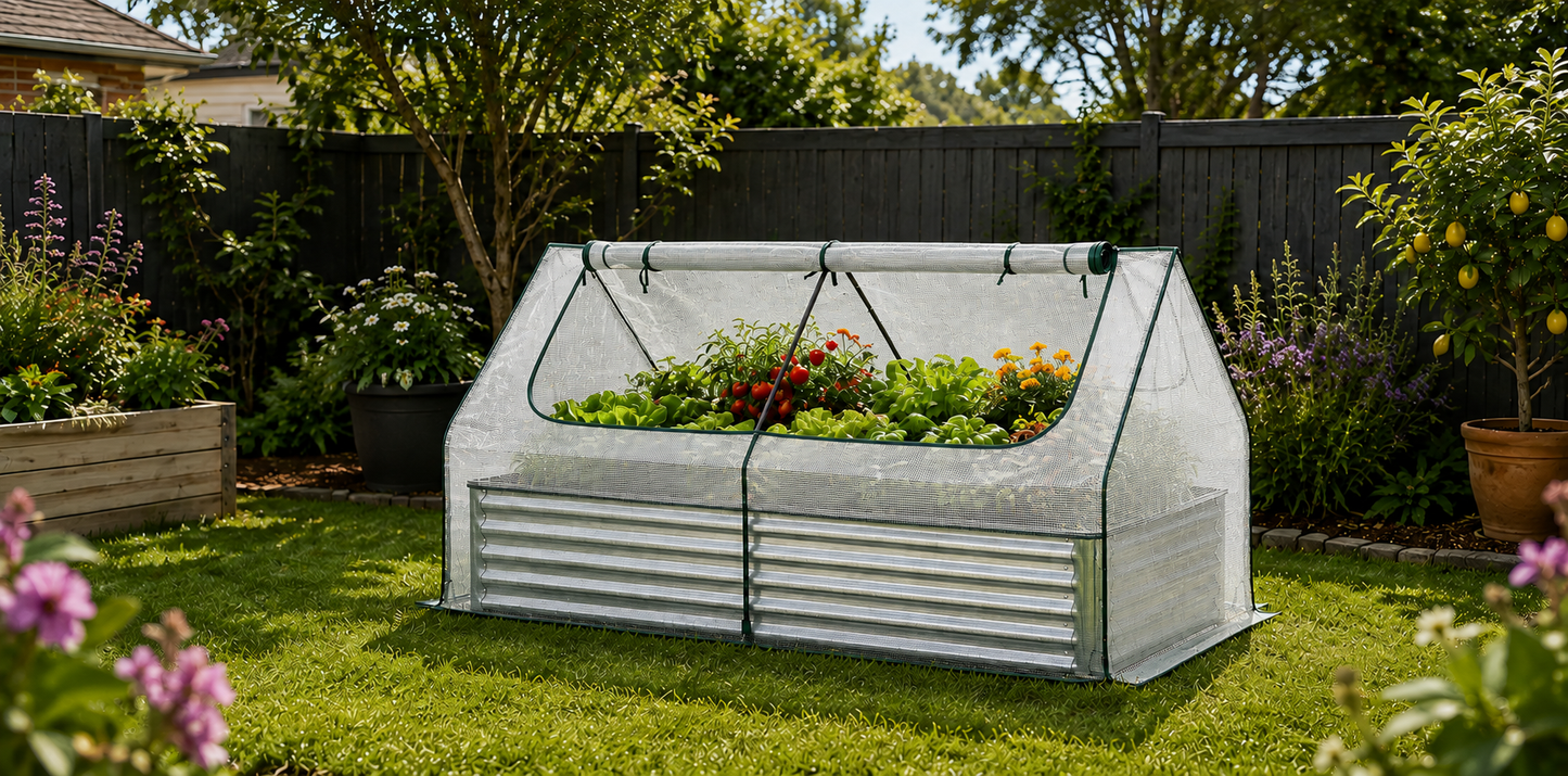 A small pop-up fabric garden hoop house with corrugated metal sides, set on a green lawn in a backyard garden with plants, a wooden fence, and trees.