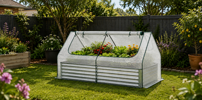 A small pop-up fabric garden hoop house with corrugated metal sides, set on a green lawn in a backyard garden with plants, a wooden fence, and trees.