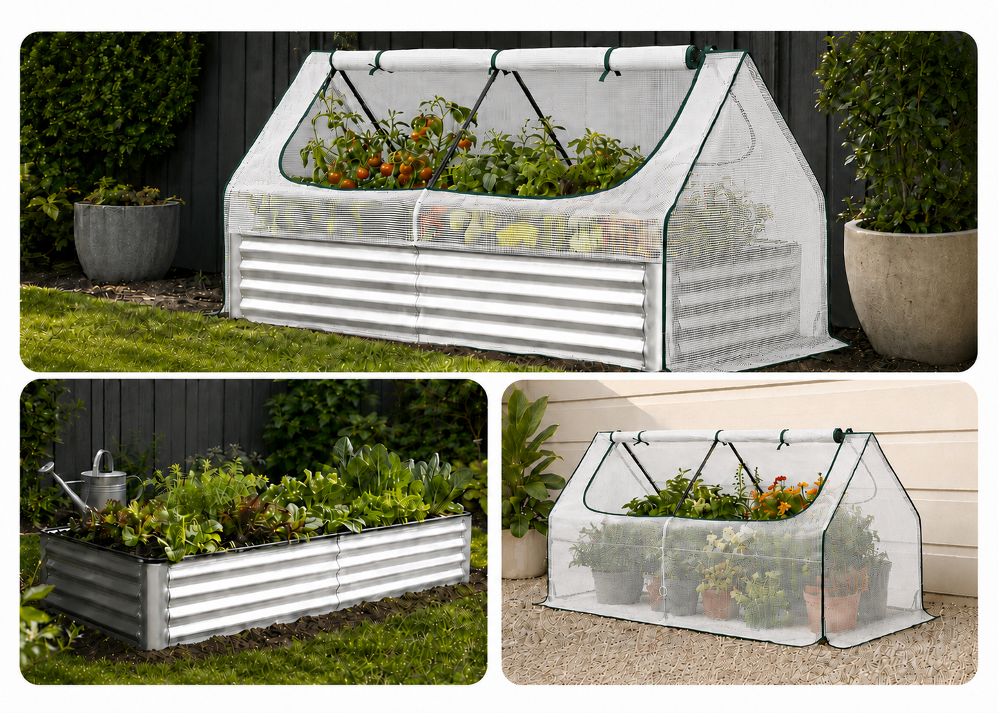 Three-panel collage showing a small white fabric raised garden hoop house with corrugated metal planter bases, set in outdoor garden and patio environments with plants and pots.