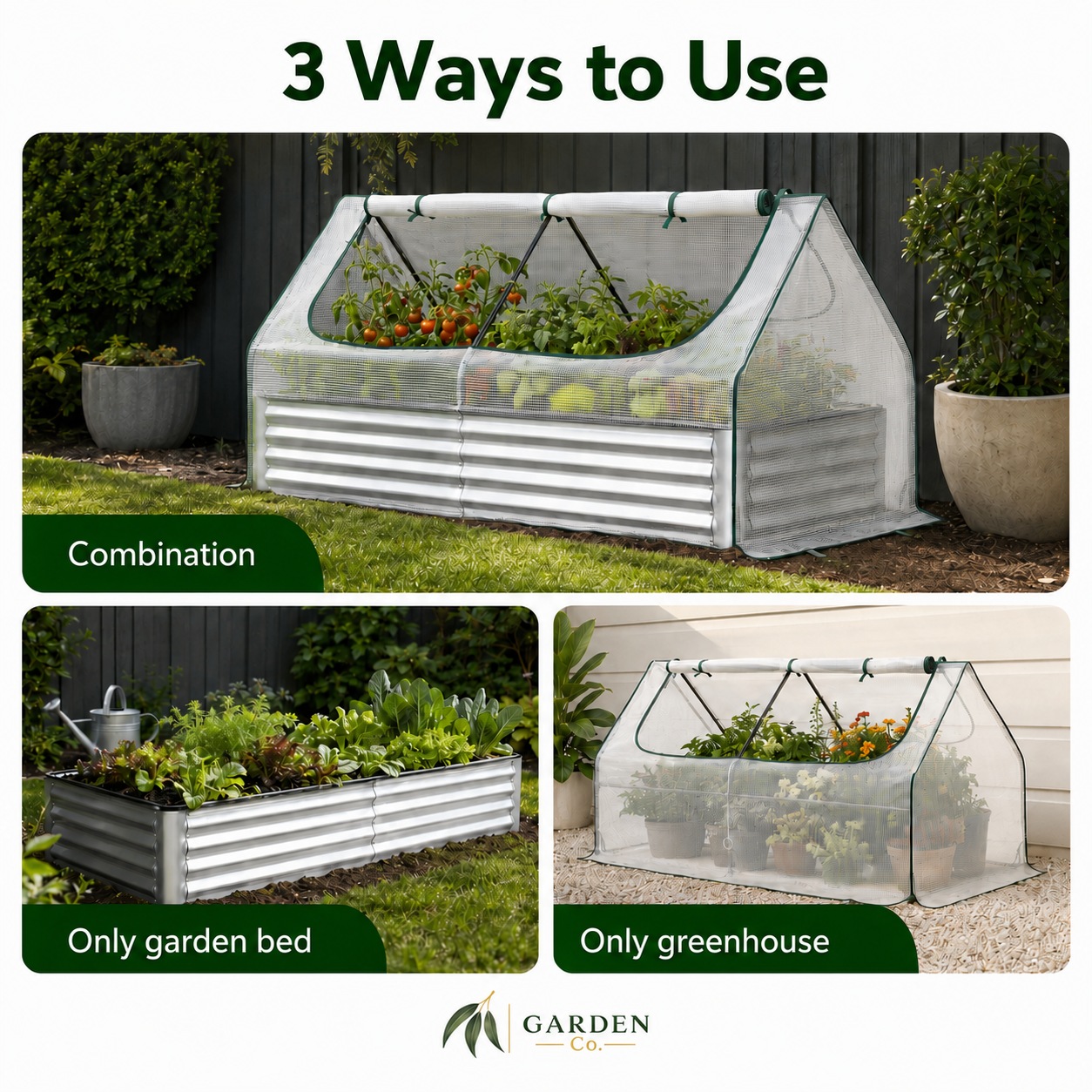A three-panel product usage graphic titled '3 Ways to Use' showing a corrugated metal garden bed with a translucent fabric greenhouse cover. The top panel shows the cover over the bed labeled 'Combination'; the bottom-left shows the bed alone labeled 'Only garden bed'; the bottom-right shows the greenhouse cover alone labeled 'Only greenhouse'.