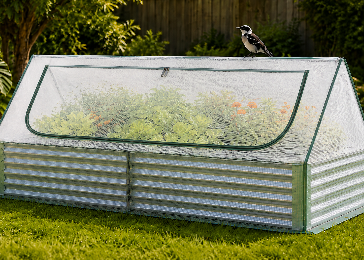 A corrugated metal hot tub cover with a clear arched roof and mesh sides, set on green grass in a backyard with a small bird perched on top.
