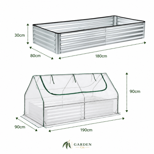 Two garden planter boxes shown with dimension labels on a white background: a rectangular metal planter at the top and a clear plastic greenhouse planter at the bottom. Arrows and measurements indicate dimensions such as 180cm length, 90cm height, and 90cm width for the greenhouse, plus 30cm, 80cm, and 180cm for the metal planter.