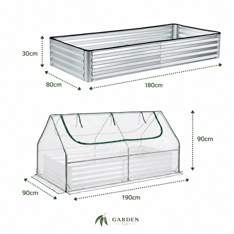 Two garden planter boxes shown with dimension labels on a white background: a rectangular metal planter at the top and a clear plastic greenhouse planter at the bottom. Arrows and measurements indicate dimensions such as 180cm length, 90cm height, and 90cm width for the greenhouse, plus 30cm, 80cm, and 180cm for the metal planter.