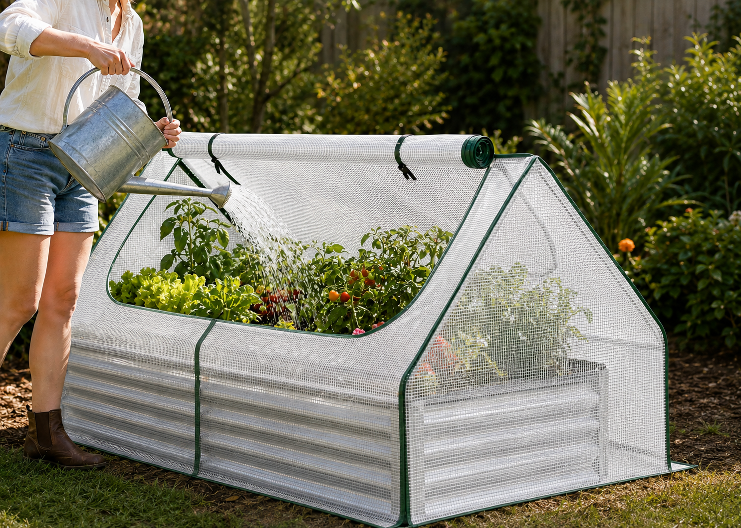 A portable fabric hot bed with corrugated metal sides and green trim, filled with plants, in a garden while a person waters it from a metal watering can.