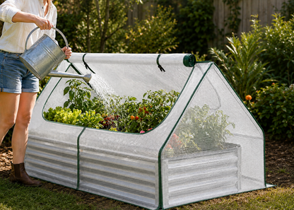 A portable fabric hot bed with corrugated metal sides and green trim, filled with plants, in a garden while a person waters it from a metal watering can.