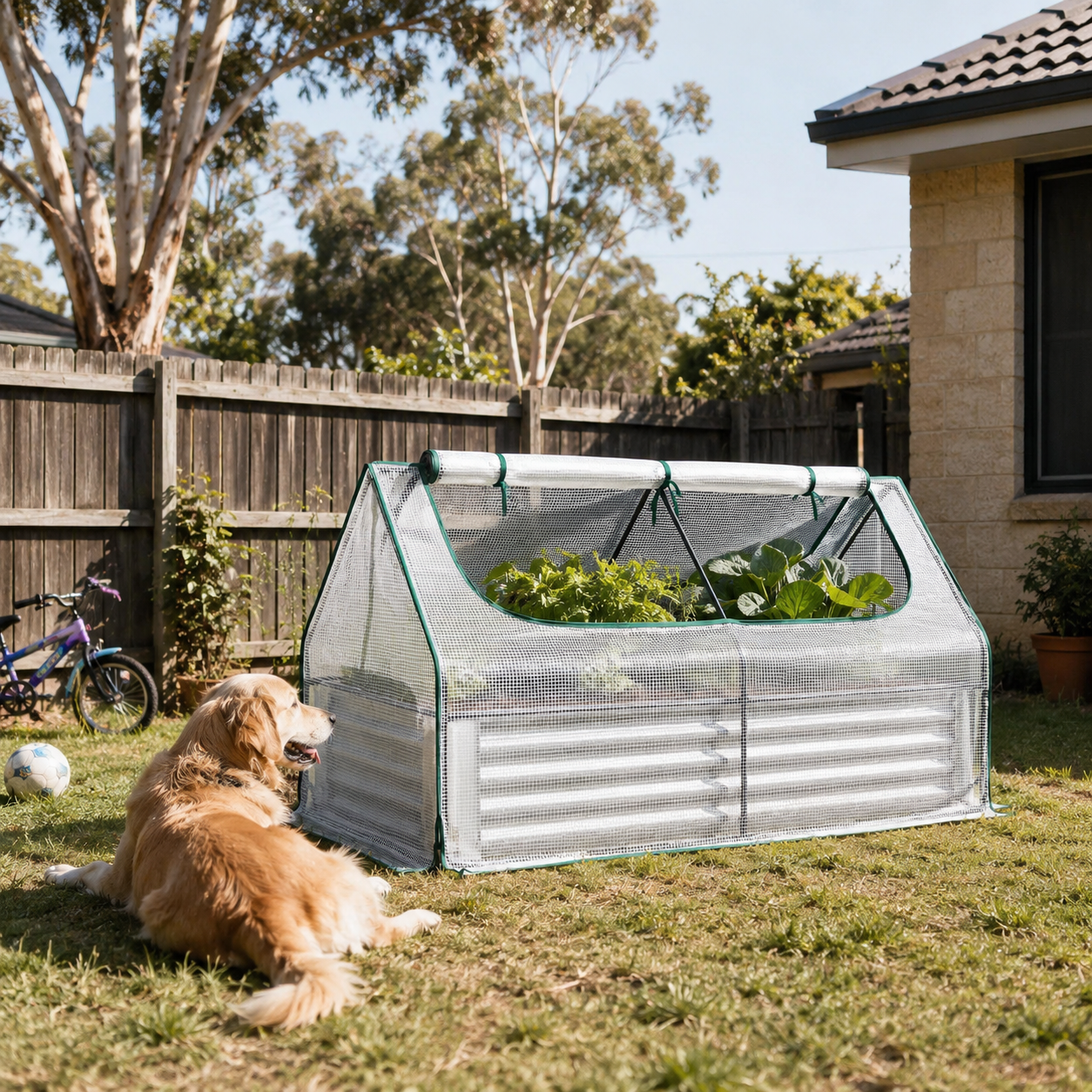 A small pop-up greenhouse with corrugated metal sides and mesh top, set in a backyard on grass next to a golden retriever dog. The greenhouse contains leafy green plants, with a wooden fence, trees, and part of a house visible in the background.