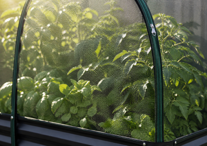 A close-up view of a green hoop house or garden tunnel with mesh fabric covering, enclosing leafy green plants in a sunny garden setting.