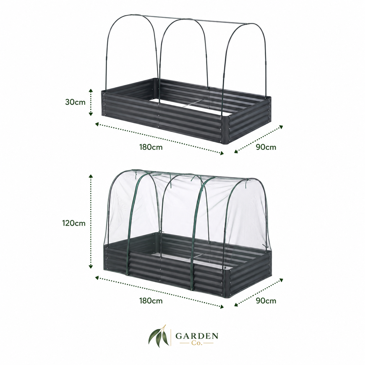 A black corrugated metal raised garden bed with a transparent hoop house cover, shown in two configurations with dimension labels: one open and one enclosed. The image includes a Garden Co logo at the bottom.