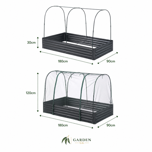 A black corrugated metal raised garden bed with a transparent hoop house cover, shown in two configurations with dimension labels: one open and one enclosed. The image includes a Garden Co logo at the bottom.