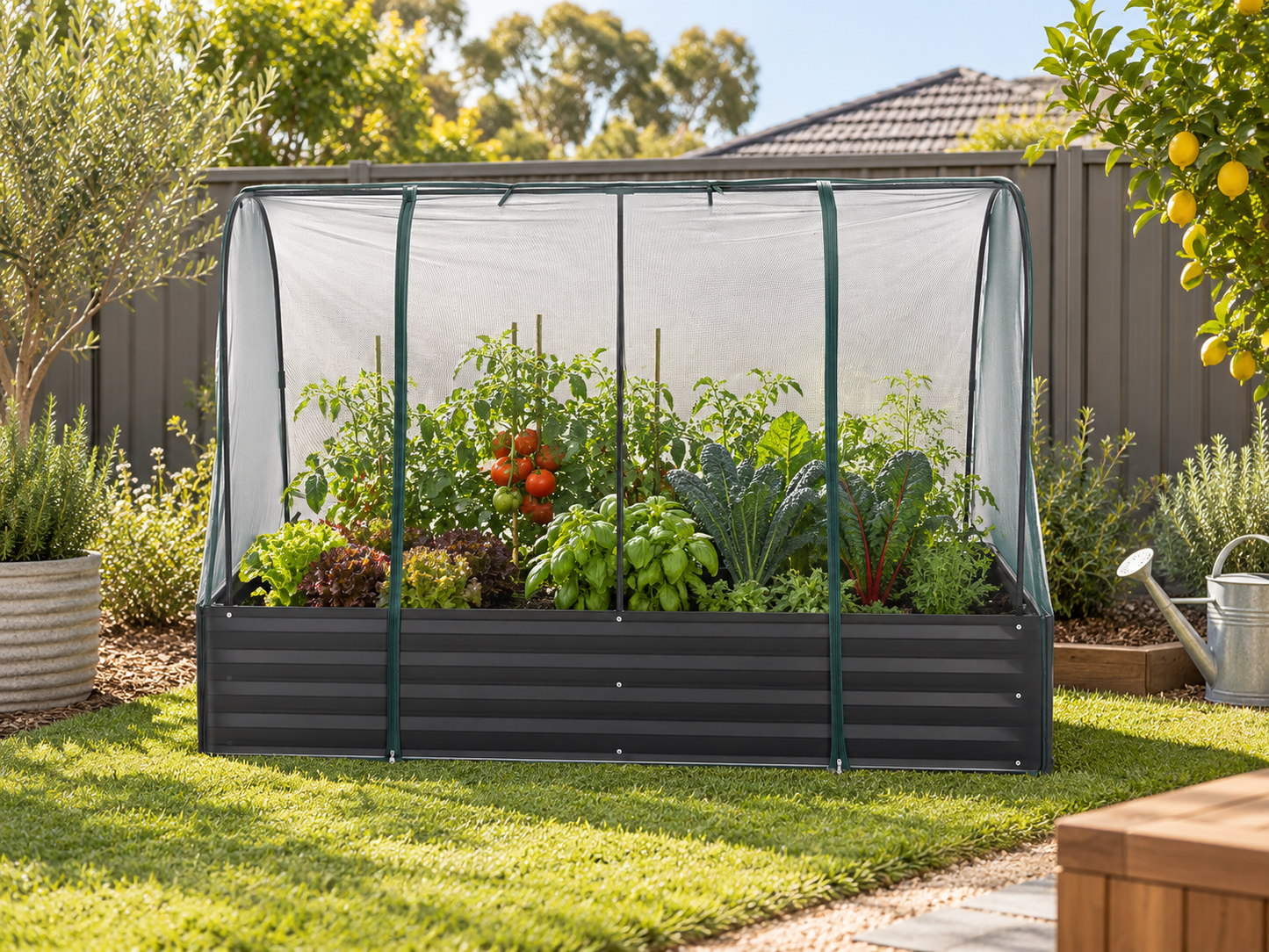 A raised garden bed with a translucent arched cover, filled with leafy greens, tomatoes, and other vegetables, set in a sunny backyard garden next to a wooden fence.