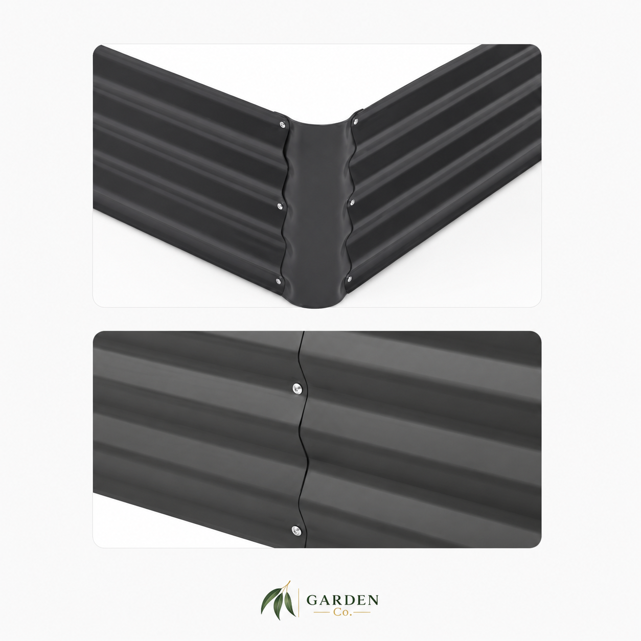 Two close-up views of a black corrugated metal garden corner fence section with visible screw fasteners, shown on a light gray background. A Garden Care logo appears at the bottom.