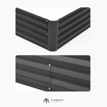 Two close-up views of a black corrugated metal garden corner fence section with visible screw fasteners, shown on a light gray background. A Garden Care logo appears at the bottom.