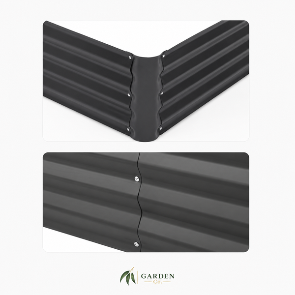 Two close-up views of a black corrugated metal garden corner fence section with visible screw fasteners, shown on a light gray background. A Garden Care logo appears at the bottom.