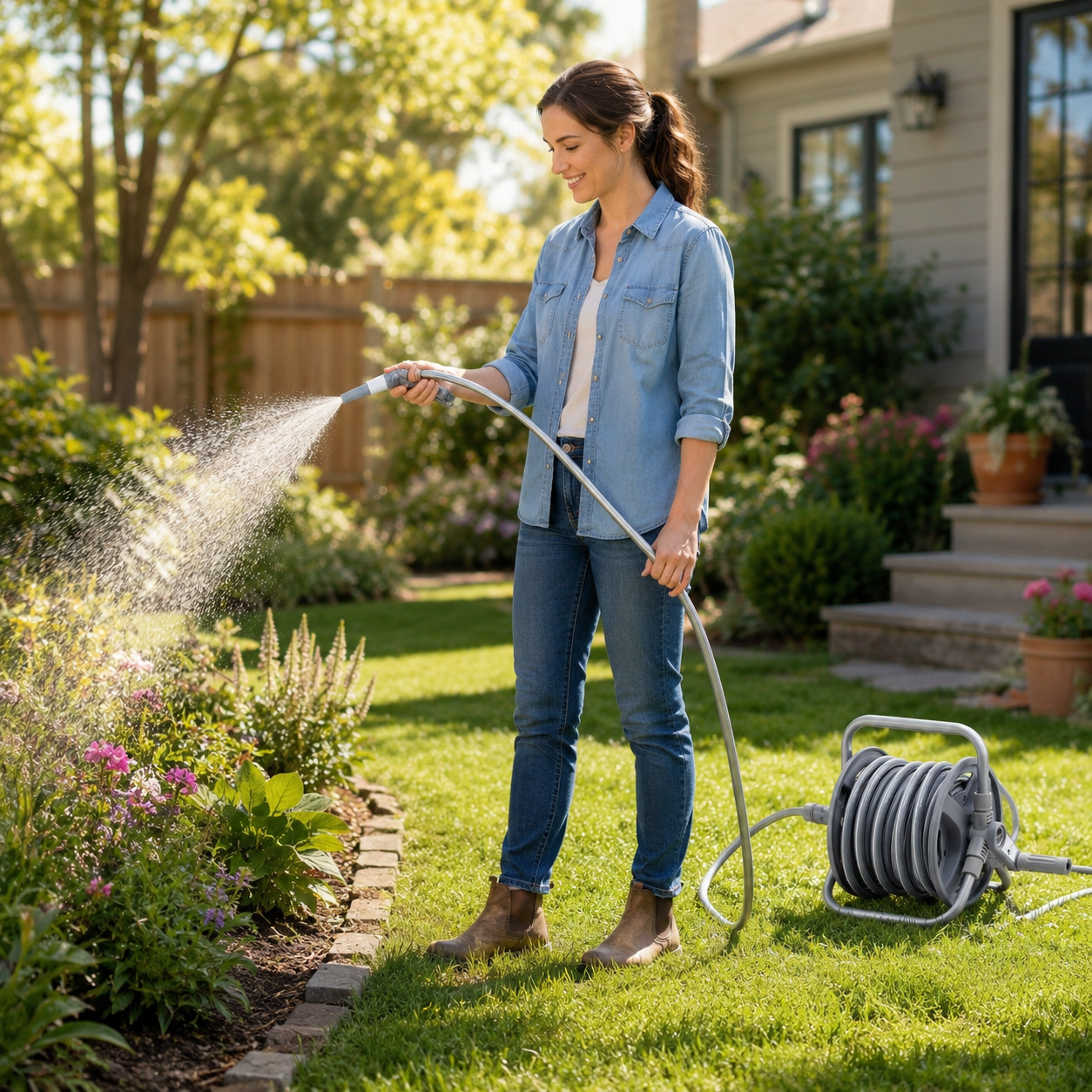 A woman watering a flower bed in a sunny backyard using a gray garden hose with a spray nozzle. The coiled hose sits on the green lawn next to her, with a house, fence, and potted plants in the background.