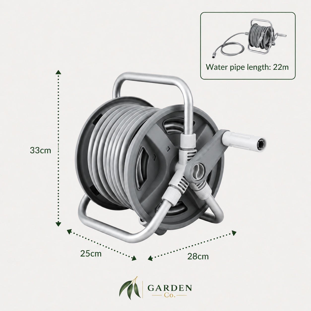 Garden hose reel with dimensions and water pipe length on a white background