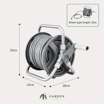 Garden hose reel with dimensions and water pipe length on a white background