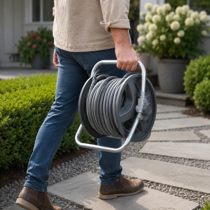 Person carrying a garden hose reel outdoors on a stone path.